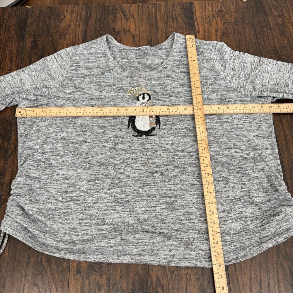 Catherines Knit Top 3X Gray Sequin Beaded Penguin Cinched Sides 3/4 Sleeves - Picture 7 of 10